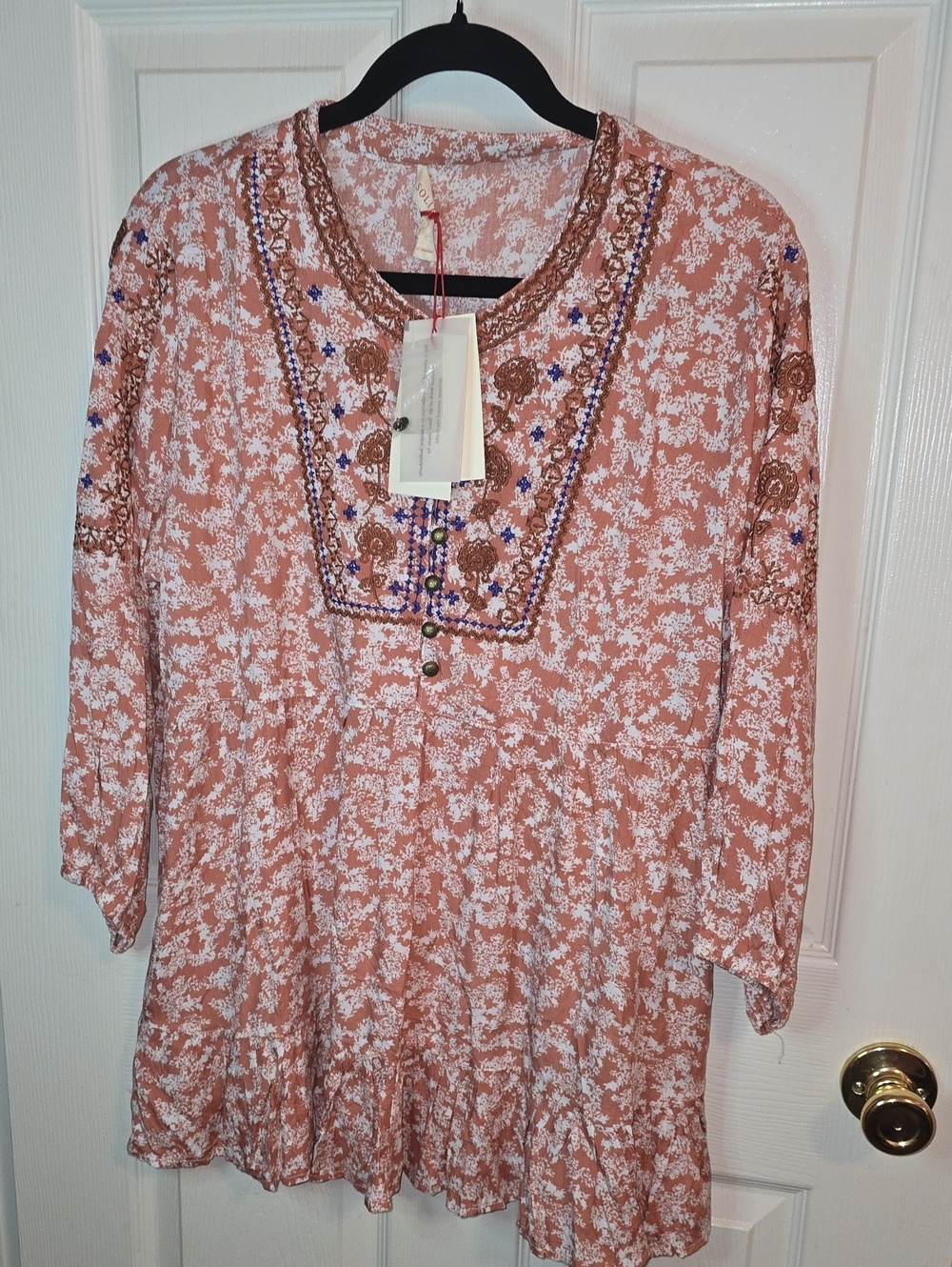 Solitaire Peach Floral Embroidered Long Sleeve Tunic